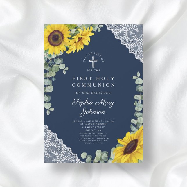 Convites Girassóis Azuis Elegantes Primeira Comunhão (Elegant Blue Sunflowers First Holy Communion Invitation)
