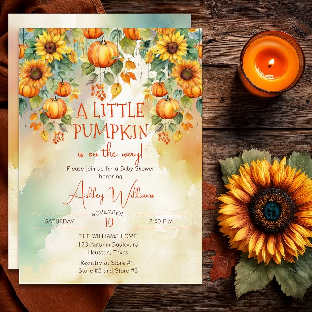 Convites Girassóis Caem Um Pequeno Chá de fraldas De Abóbor ("A Little Pumpkin Is On The Way!" Fall | Autumn Sunflowers and Pumpkins Baby Shower Invitation )