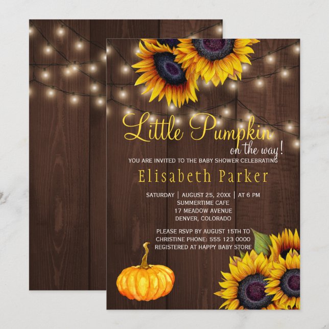 Convites Girassóis de Abóbora Chá de Bebê Rústico em Madeir (Frente/Verso)