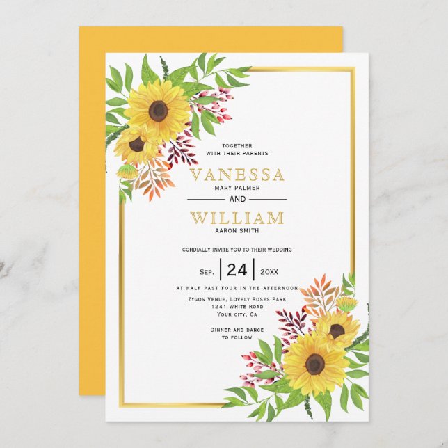 Convites Girassóis de aquarela amarela, casamento com moldu (Frente/Verso)