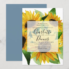 Convites Girassóis de aquarela com casamento azul esbranqui