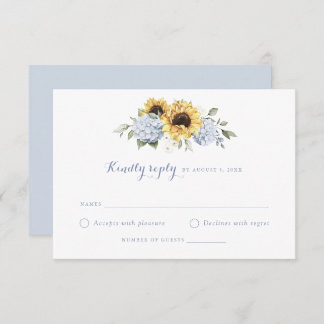Convites Girassóis Dusty Blue Hydrangea Casamento RSVP (Frente/Verso)