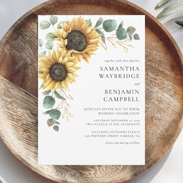 Convites Girassóis e Eucalyptus Rustic Wedding (Sunflower Eucalyptus Floral Wedding Invitation)