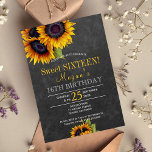 Convites Girassóis e girassóis bragos sórdidos<br><div class="desc">Floral elegante outono doce 16/16 convite de aniversário no modelo escuro cinza com buquês de girassóis de ouro amarelo. Preencha suas informações nos pontos, Você pode optar por personalizá-las mudando ainda mais as fontes e as cores das letras. — O convite é adequado para o final do verão | outono,...</div>