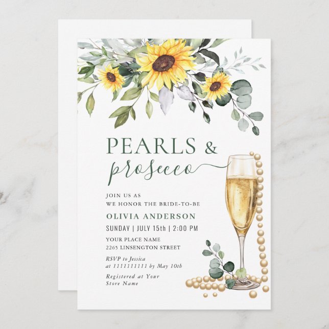 Convites Girassóis Elegantes Eucalyptus PEARLS & Prosecco (Frente/Verso)