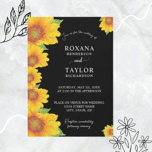 Convites Girassóis Elegantes Fundo Preto Floral Casamento