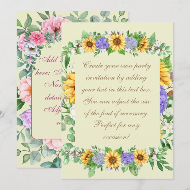 Convites Girassóis Elegantes & Hidrangeas Azuis (Frente/Verso)