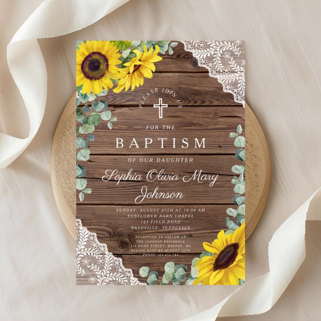 Convites Girassóis Elegantes Lace Madeira Cruzada Batismo (Front Elegant Sunflowers Lace Wood Cross Baptism Invitation)