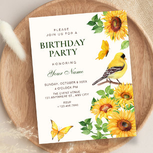Convites Girassóis Elegantes pássaro aniversário