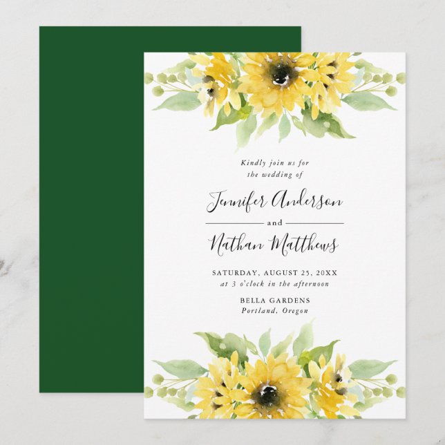 Convites Girassóis em Aquarela Bouquets Florais | Casamento (Frente/Verso)