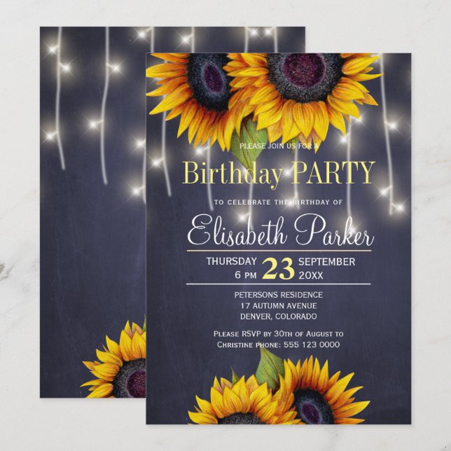Convites Girassóis em quadro-negro festa de aniversário rús (Frente/Verso)