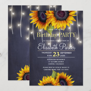 Convites Girassóis em quadro-negro festa de aniversário rús