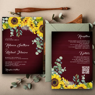 Convites Girassóis Eucalipto Código QR Casamento Borgonha