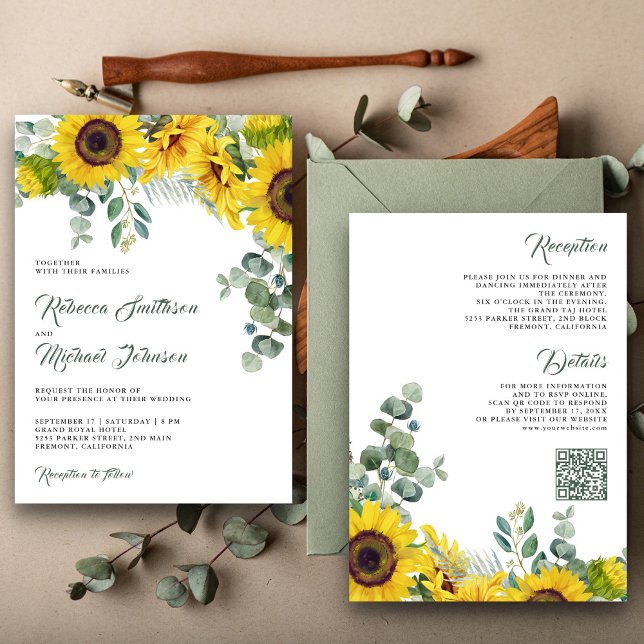 Convites Girassóis Eucalipto Tudo em Um Código QR Casamento (Criador carregado)