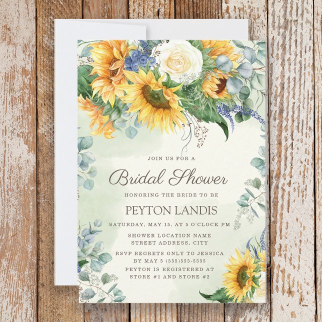 Convites Girassóis Eucalyptus deixa Chá de panela (Sunflowers and eucalyptus bridal shower invitation)