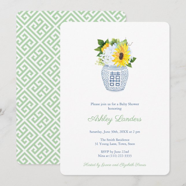 Convites Girassóis Ginger Jar Gênero Chá de fraldas neutro (Frente/Verso)