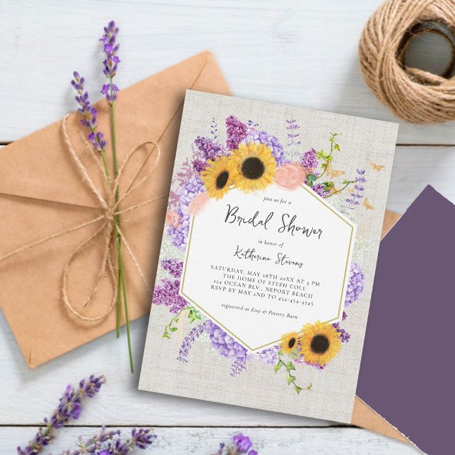 Convites Girassóis Lilac Hexágono Chá de panela Quic Russo (rustic bridal shower invitation sunflowers lilac hydrangea butterflies hexagon burlap country chic)