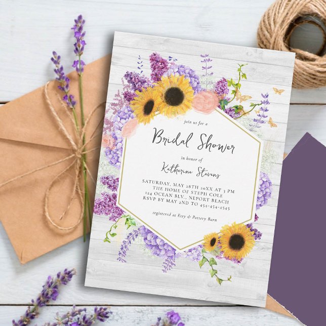 Convites Girassóis Lilac Hexágono Chá de panela Rústico de  (rustic bridal shower invitation sunflowers lilac hydrangea butterflies hexagon wood board country)