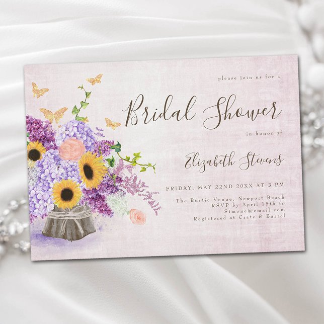 Convites Girassóis Lilac Hydrangea Wood Chá de panela (rustic sunflowers wood lilac hydrangea floral bridal shower invitation garden barn farm elegant chic)