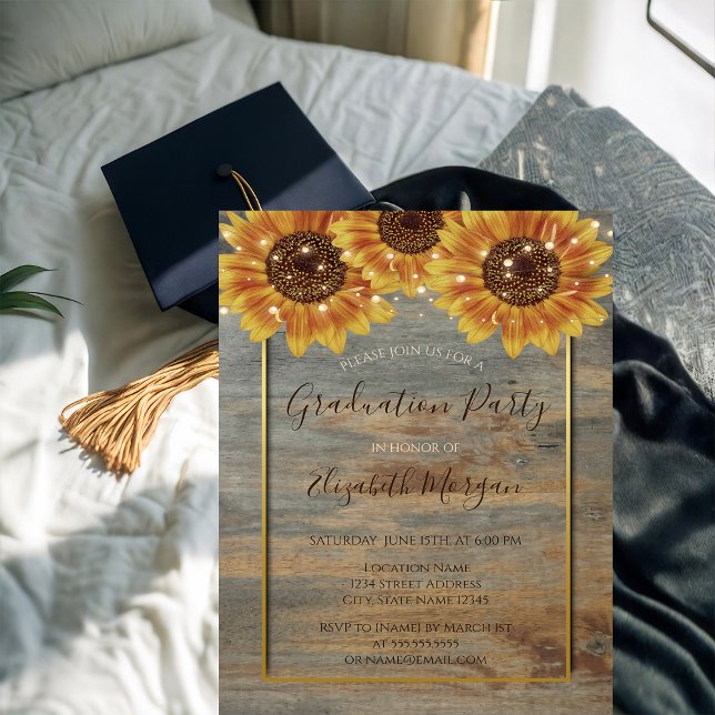 Convites Girassóis, Luzes, Madeira, Quadro Dourado Graduaçã (Criador carregado)