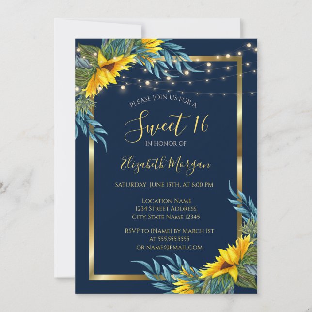 Convites Girassóis, Luzes, Madeira Textura Doce 16 (Frente)