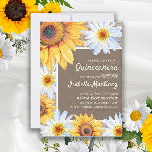 Convites Girassóis Margaridas Brancas de Tecido Quinceañera