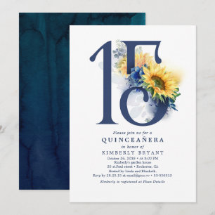 Convites Girassóis Marinho Azul Elegante Quinceanera