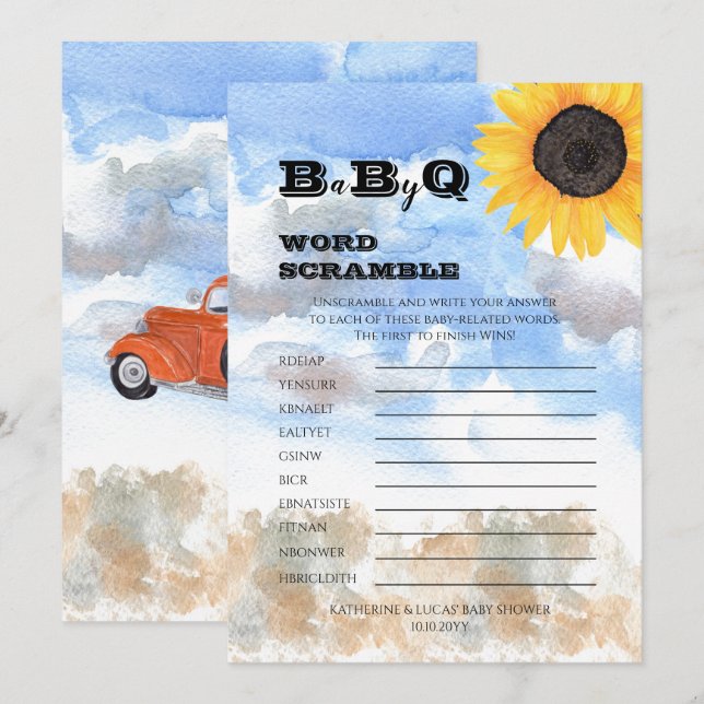 Convites Girassóis | Pumpkins Chá de fraldas Word Scramble (Frente/Verso)