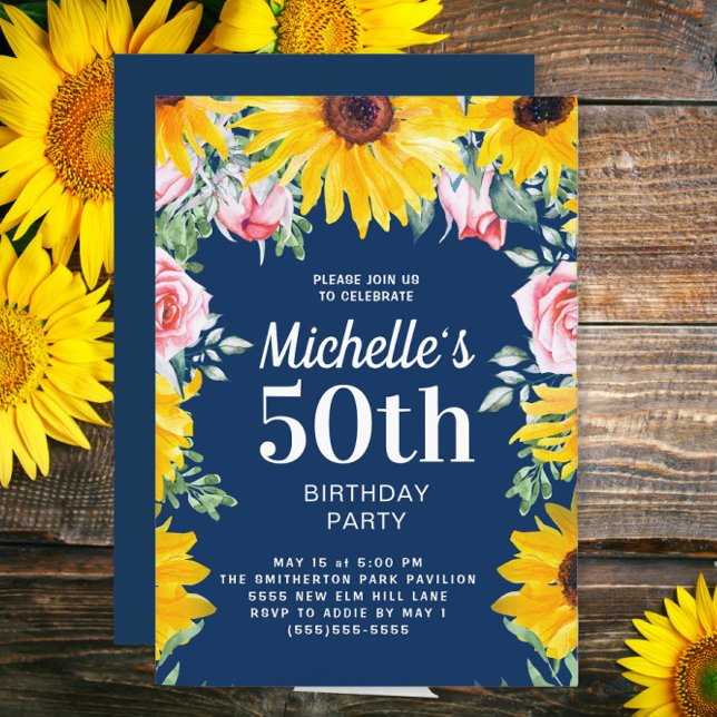 Convites Girassóis Rosa Rosas Rosa Marinho Azul 50º Anivers (Sunflowers and pink roses on navy blue 50th birthday party invitation)