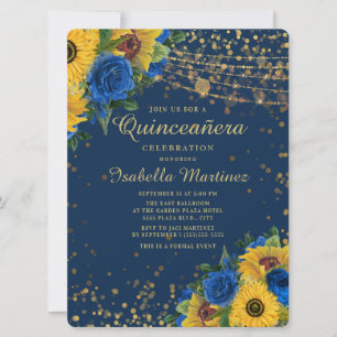 Convites Girassóis Rosas Azuis Dourado Brilho Quinceanera