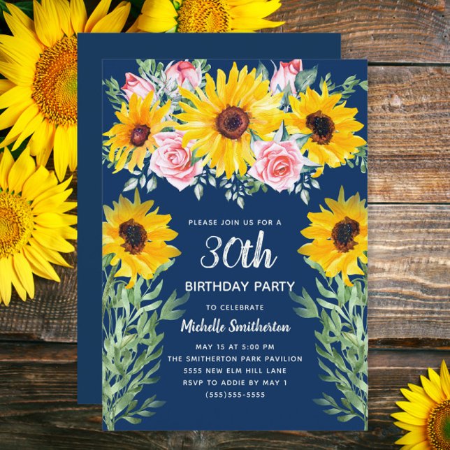 Convites Girassóis Rosas Cor-de-Rosa Azul-Marinho Aniversár (Sunflowers and pink roses on navy blue 30th birthday invitation)