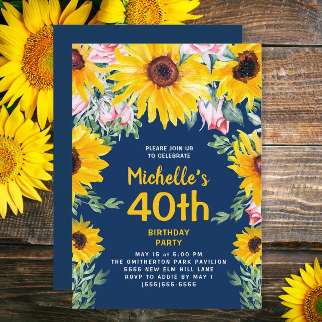 Convites Girassóis Rosas cor-de-rosa Marinho aniversário de (Sunflowers and pink roses on navy blue 40th birthday party invitation)