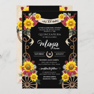 Convites Girassóis Rosas vermelhas Black Charro Quinceanera
