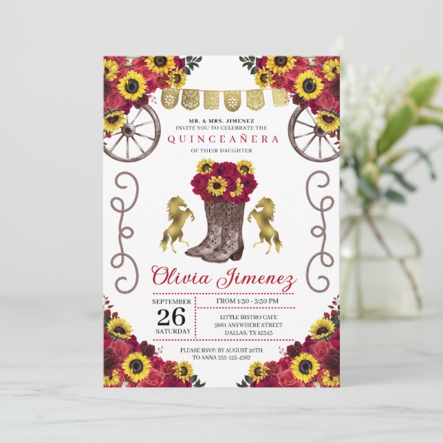 Convites Girassóis Rosas vermelhas Cowgirl Boots Quinceaner (Em pé/Frente)