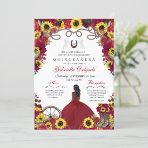 Convites Girassóis Rosas vermelhas Cowgirl Western Quincean