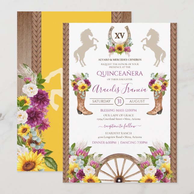Convites Girassóis Russo Floral Charro Quinceanera (Frente/Verso)