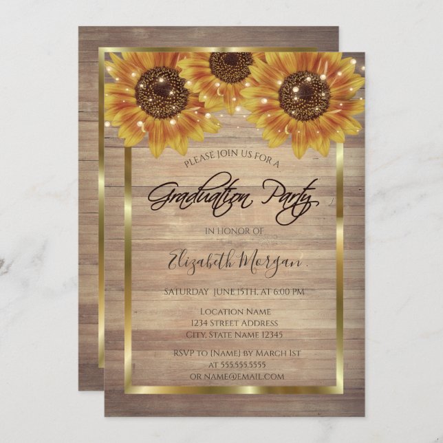 Convites Girassóis russos,Luzes, Festa de formatura de made (Frente/Verso)