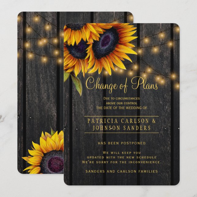 Convites Girassóis Rústicos aviso de mudança de planos (Frente/Verso)