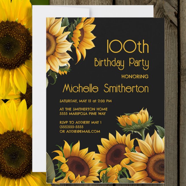 Convites Girassóis Rústicos Elegantes Preto 100º Aniversári (Sunflowers on black 100th birthday invitation)