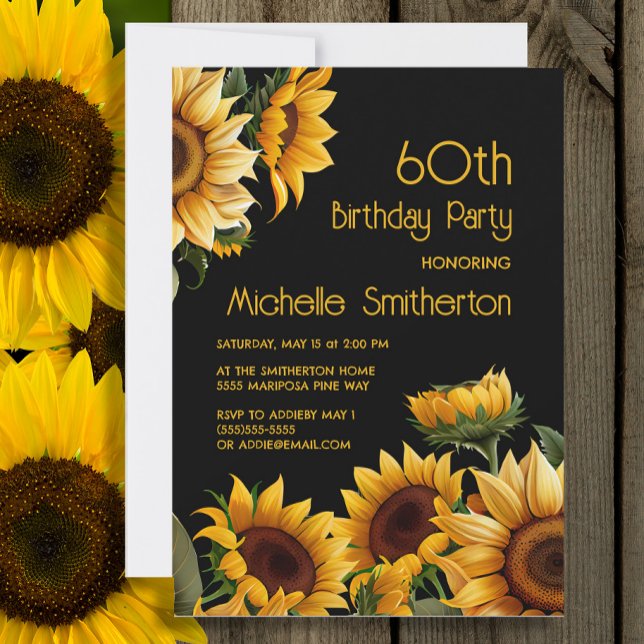 Convites Girassóis Rústicos Elegantes Preto Aniversário de  (Sunflowers on black 60th birthday party invitation)