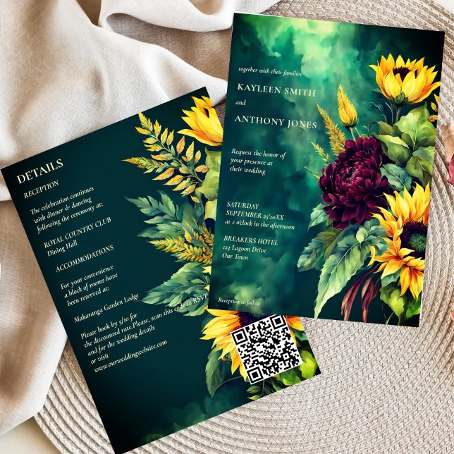 Convites Girassóis rústicos verdes-casamentos outono, todos (Fall wedding emerald green rustic yellow burgundy sunflowers all in one invitation template digital)