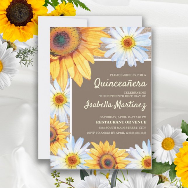 Convites Girassóis White Daisies Burlap Quinceañera 15 (Criador carregado)