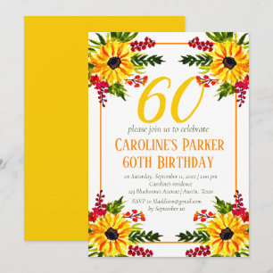 Convites Girassol 60º Aniversário Amarelo Adulto Floral