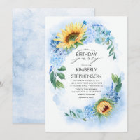 Girassol Amarelo e Hydrangea Azul Posta Aniversári