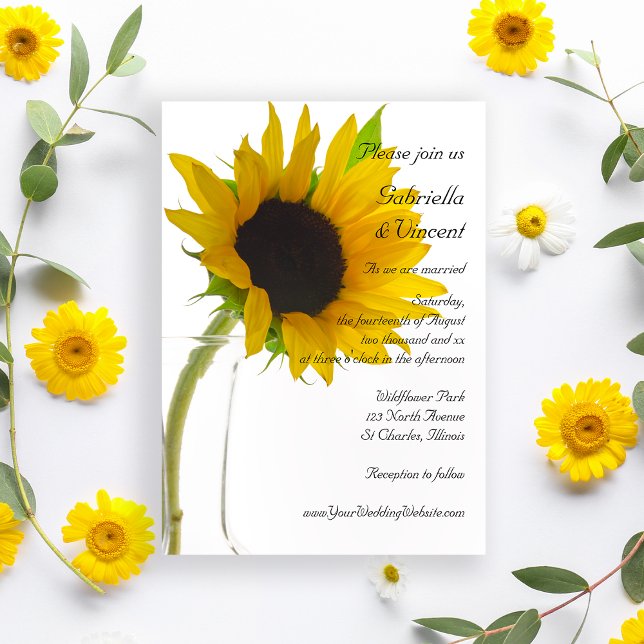 Convites Girassol Amarelo no Casamento Branco (Set the tone for a summer  or fall marriage with the pretty Sunflower on White Wedding Invitation.)