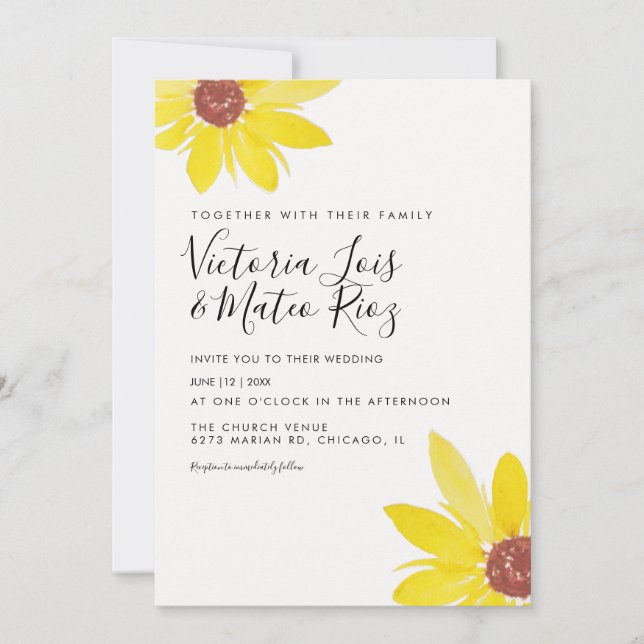 Convites Girassol Aquarela Flor Silvestre Casamento (Frente)