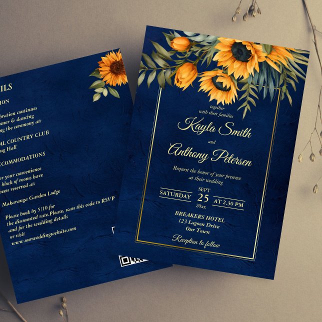 Convites girassol azul-marinho casamento outono, todos num  (Fall wedding navy blue yellow sunflower all in one invitation template digital download)