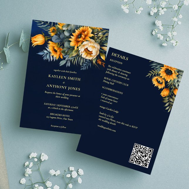 Convites girassol azul-rústico do marinho do casamento outo (Fall summer wedding navy blue rustic sunflowers all in one invitation template digital download)