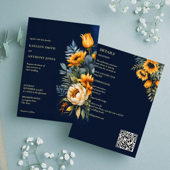 Convites girassol azul-rústico do marinho do casamento outo (Fall wedding navy blue rustic sunflower all in one invitation editable template digital dowbload)