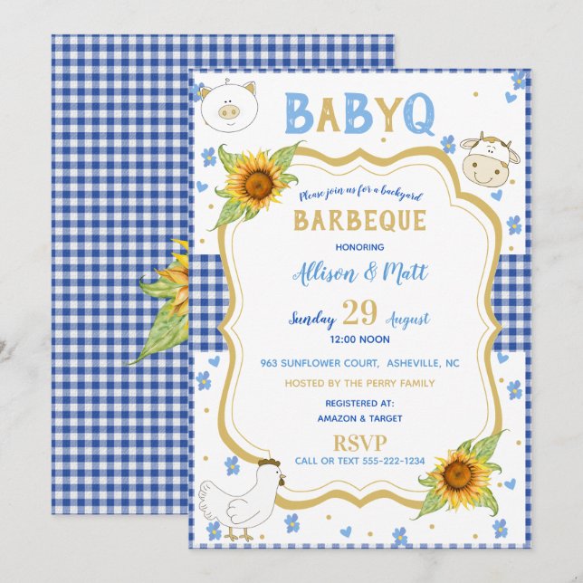 Convites Girassol Azul Xadrez Baby Q Churrasco (Frente/Verso)